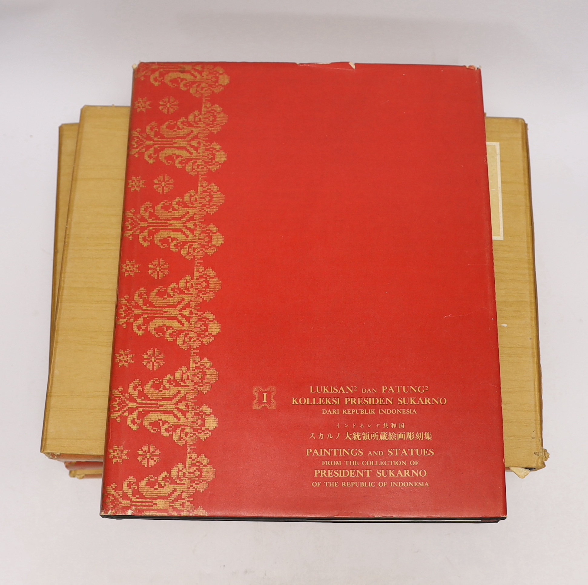 Man-Fong, Lee - Paintings and Statues from the Collection of President Sukarno of the Republic of Indonesia. 5 vols. many captioned plates throughout; publisher's gilt cloth, in d/wrappers, pattern e/ps and slipcases, fo